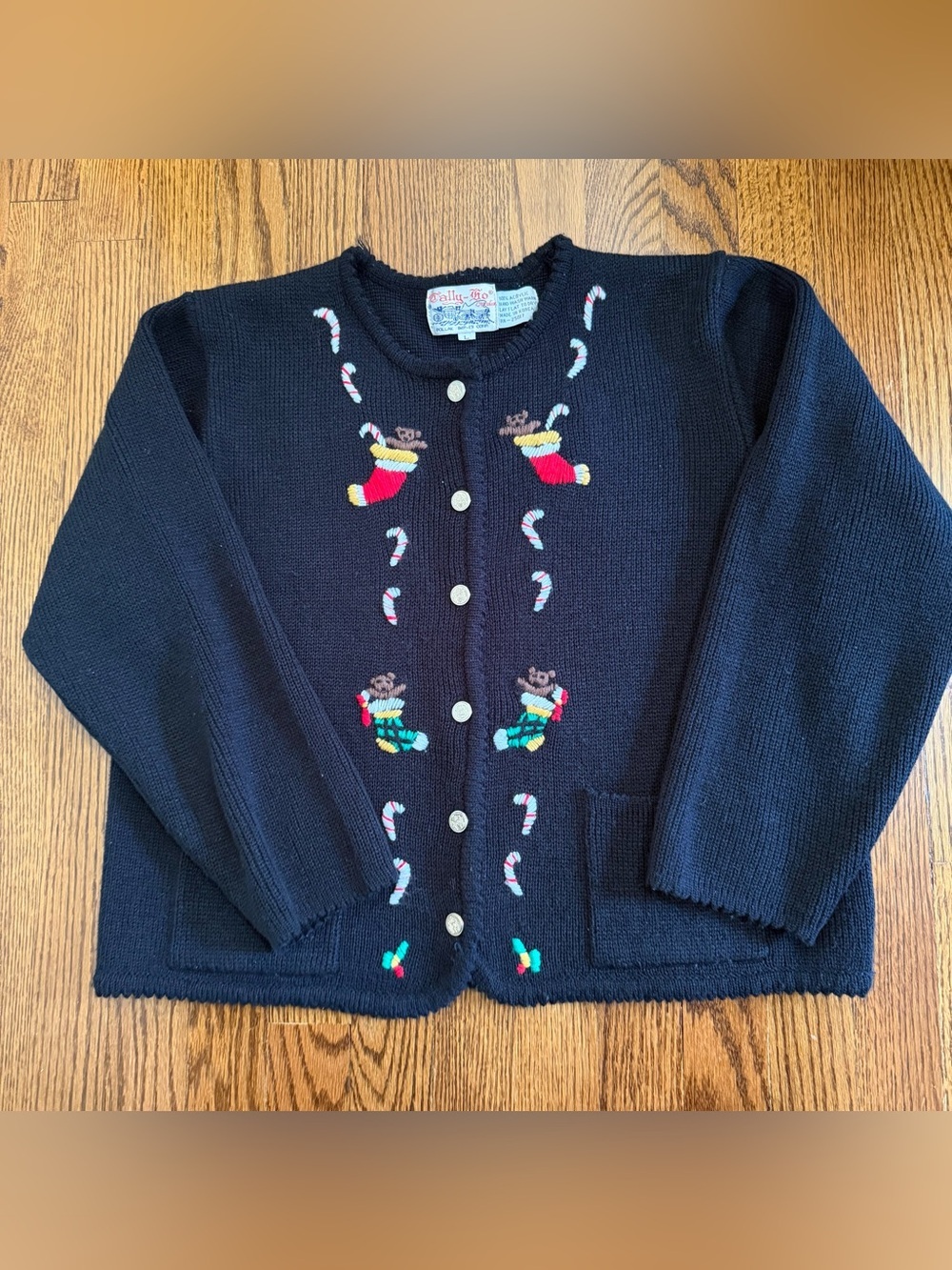 Tally Ho Button Down Holiday Christmas Black Sweater Stocking Candy Cane Size L